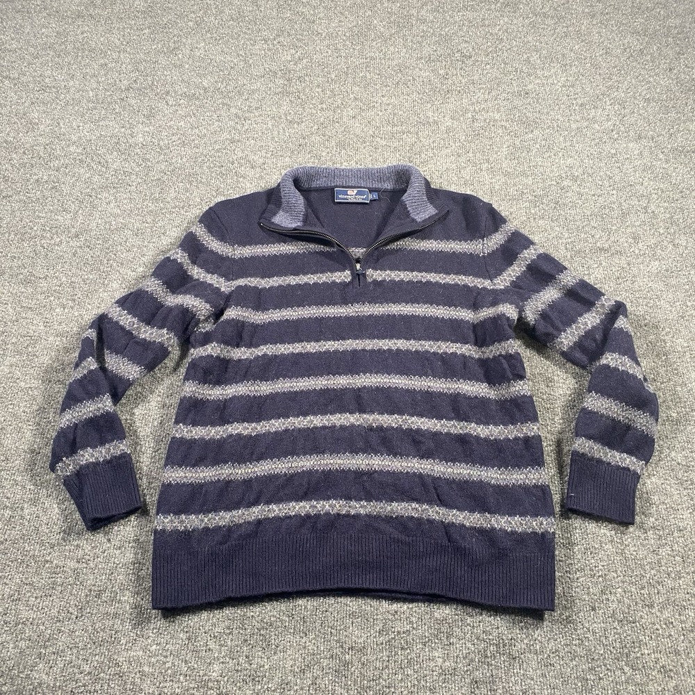 Vineyard Vines Mens L Fairisle Striped 1/4 Zip Pullover Merino Wool Cashmere